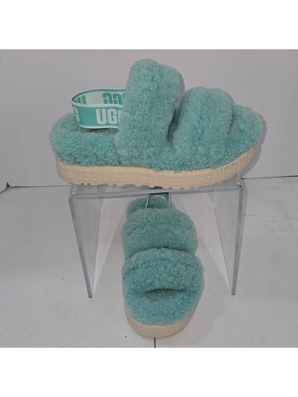 UGG Oh Fluffita Aqua Green Fleece Platform Slingback Sandals Women Size 6 S/N